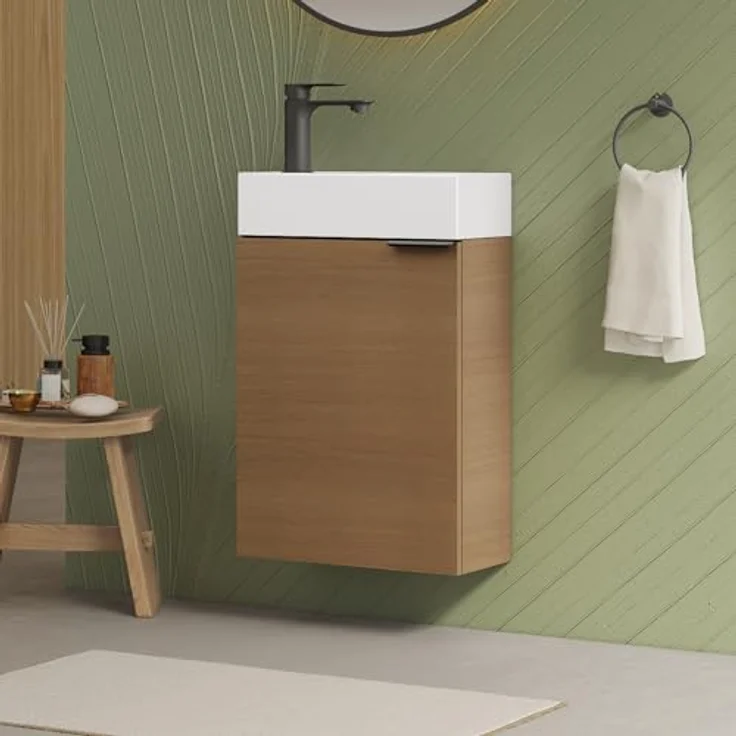 EMKE Waschbecken mit Unterschrank 41 cm, Kompaktes Waschtisch-Set mit Keramikbecken für Gäste-WC & kleines Bad, Waschtisch mit Unterschrank, Sonoma Eiche – Bild 1