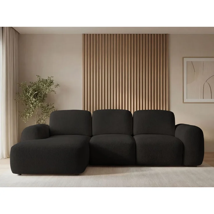 GRAINGOLD Ecksofa Avelin, Eckcouch für Wohnzimmer, L-Form mit Schlaffunktion und Bettkasten, Bouclé-Stoff, Schwarz, Links – Bild 1