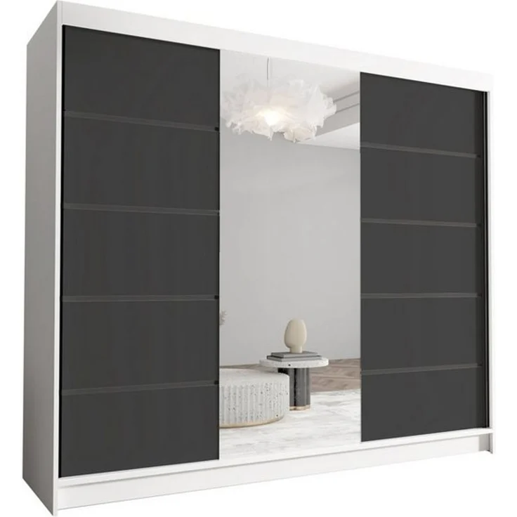 Schwebetürenschrank Netro VI 250 cm mit Spiegel - Groß Kleiderschrank, Schiebetürenschrank mit Kleiderstange und Einlegeboden, Schlafzimmerschrank, Schiebetüren, 250x215x58 cm (Weiß/Schwarz) – Bild 3
