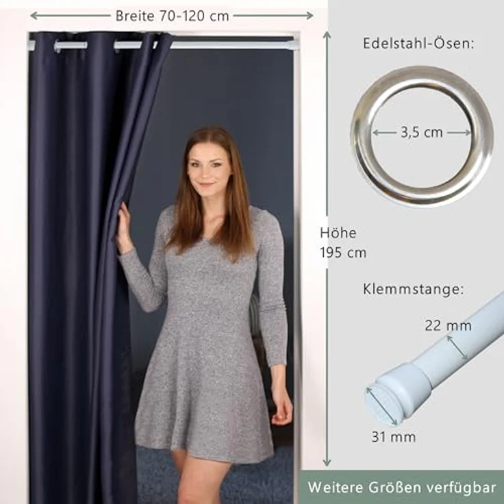 tinycurtains Türvorhang mit Stange weiß 70-120 cm Thermo Vorhang ohne Bohren, blickdicht, Ösen, verdunkelnd, Polyester, dunkelblau Ocean, Türgardine mit Klemmstange Raumtrenner Vorhang Tür – Bild 9