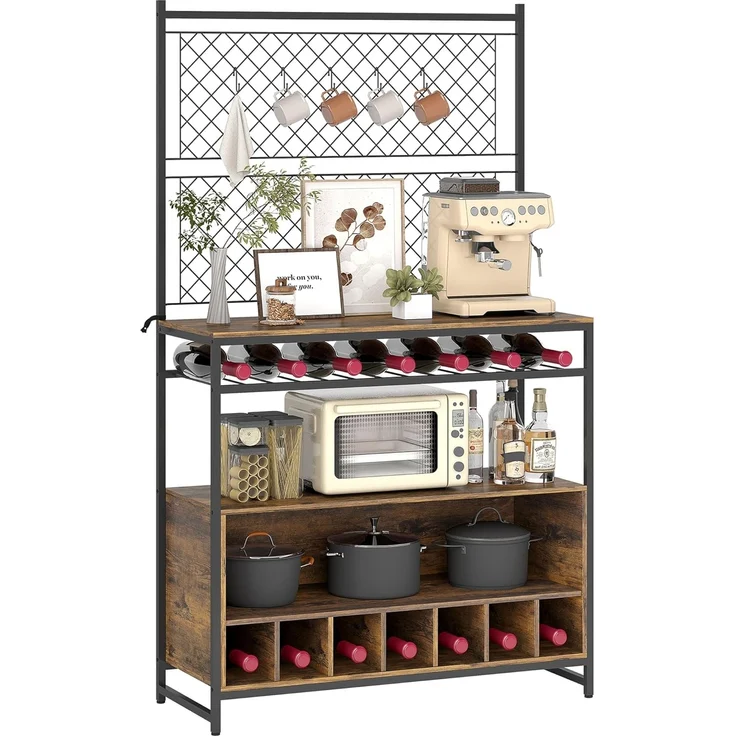 HOMCOM Küchenregal, Standregal mit 5 S-Haken, 2 Ablagen, Metallgitterpaneele, Kaffeebar mit Weinregal, Bäckerregal aus Metallrahmen, Rustikal-Braun, 96,5 x 38 x 165 cm – Bild 1