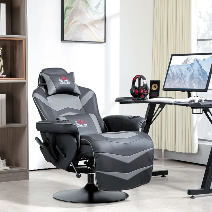 MELAYR, Gamingsessel, Massagefunktion, neigbare Lehne, Fußstütze, bis 120 kg, 78 x 82.5 x 111.5 cm, Schwarz+Grau – Bild 3