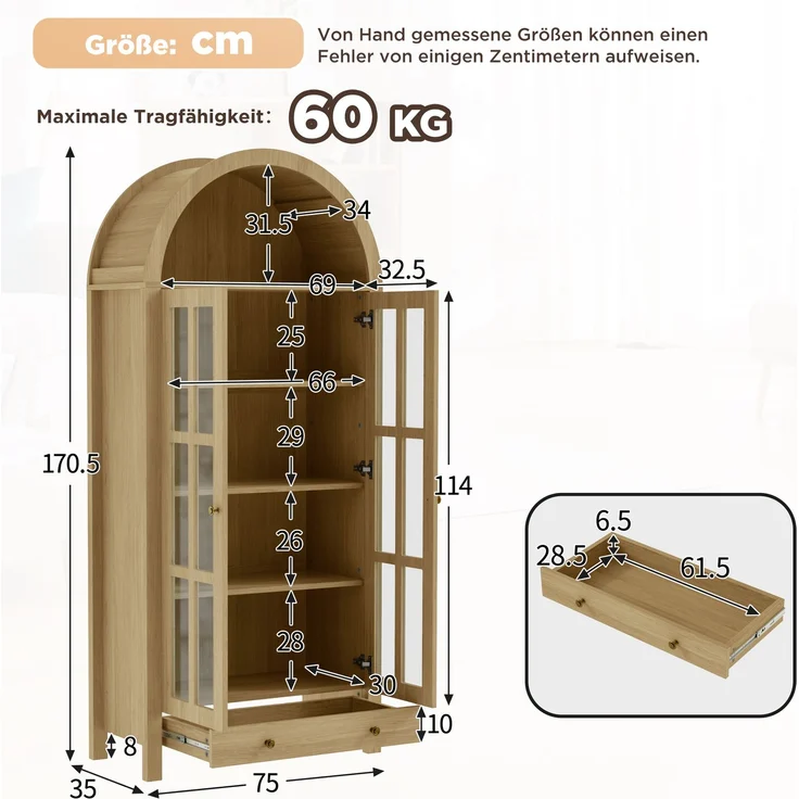 Moderner bogenförmiger Standhochschrank mit mehreren Regalebenen & Schublade – Multifunktionale Vitrine & Regalschrank mit höhenverstellbaren Einlegeböden für Wohnzimmer, Arbeitszimmer und Esszimmer--Natürlich--75x35x170.5cm--YOUDENOVA – Bild 6