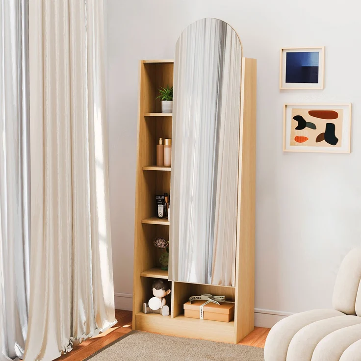 LVHOM Dielenschrank mit Ganzkörperspiegel 165cm hoch, Multifunktionaler Spiegelschrank aus Holz, schmaler Badezimmerschrank mit verstellbaren Böden, Natur – Bild 8