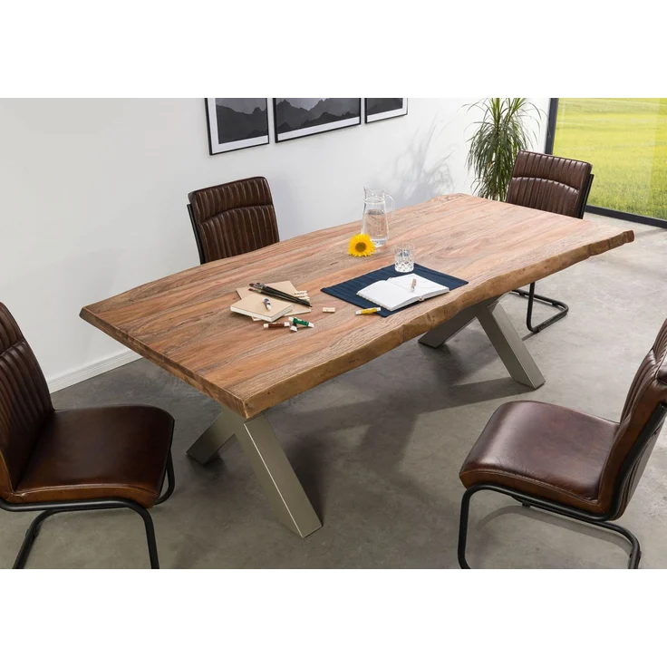 Baumtisch Sheesham 180 x 90 x 77 grau gebeizt / X-Beine silber matt FREEFORM 5 – Bild 2