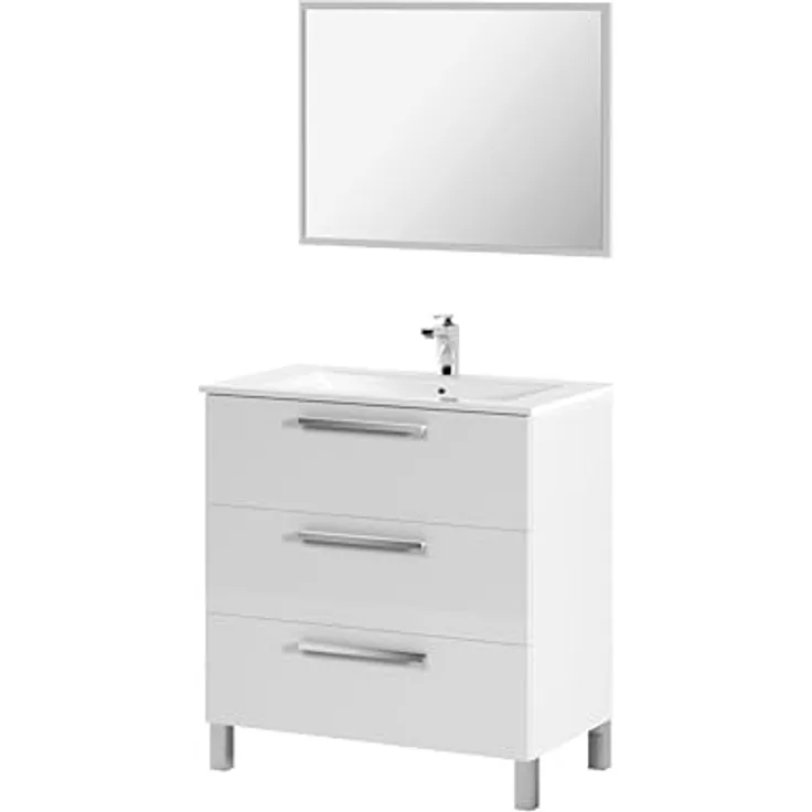 FORES HABITAT Waschbeckenunterschrank, weiß glänzend, 3 Soft-Close Schubladen, 80x86x45 cm