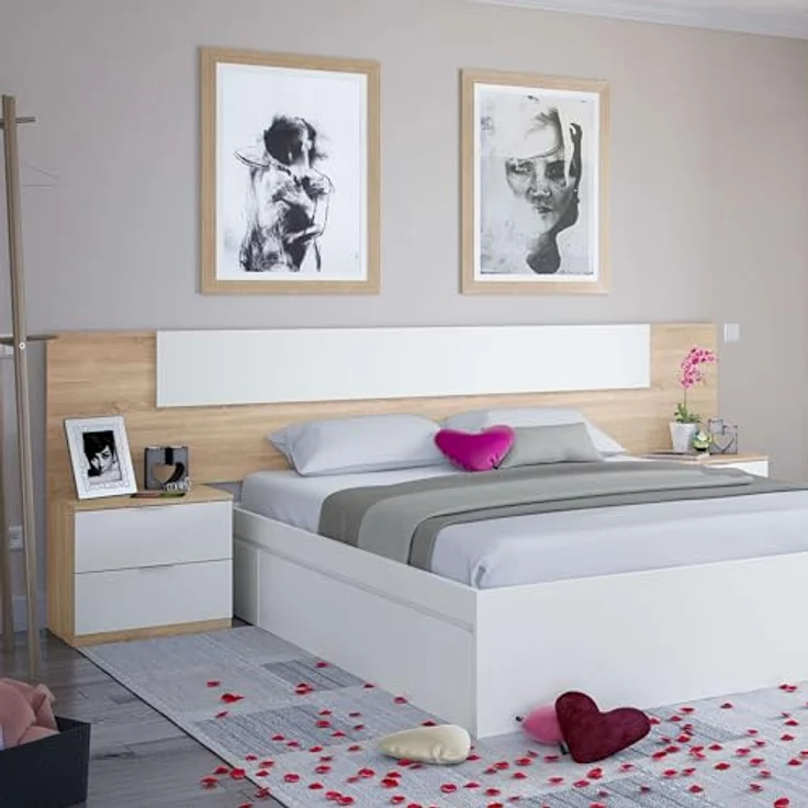 Habitdesign, modernes Kopfteil mit 2 Nachttischen – Schlafzimmer-Set für Doppelbett in Artik weiß & Kanadischer Eiche, viel Stauraum, Maße: 247 x 50 x 38 cm (B x H x T), Modell Alaya – Bild 5