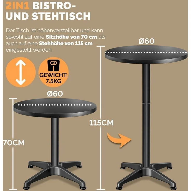 Casaria Stehtisch (1-St), Höhenverstellbar 70cm/115cm Hoch Alu Rund Ø60cm Bistrotisch Wetterfest – Bild 3
