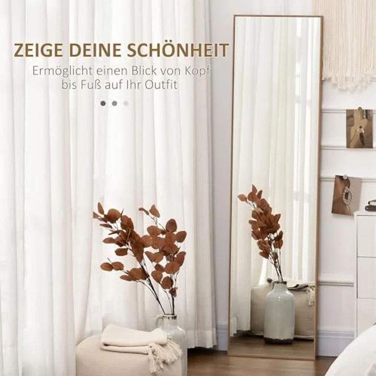 HOMCOM Standspiegel mit Ständer, freistehend, 40 x 150 cm, Natur (Set, 1-St, 1 Ankleidespiegel), gerahmter Ganzkörperspiegel – Bild 3
