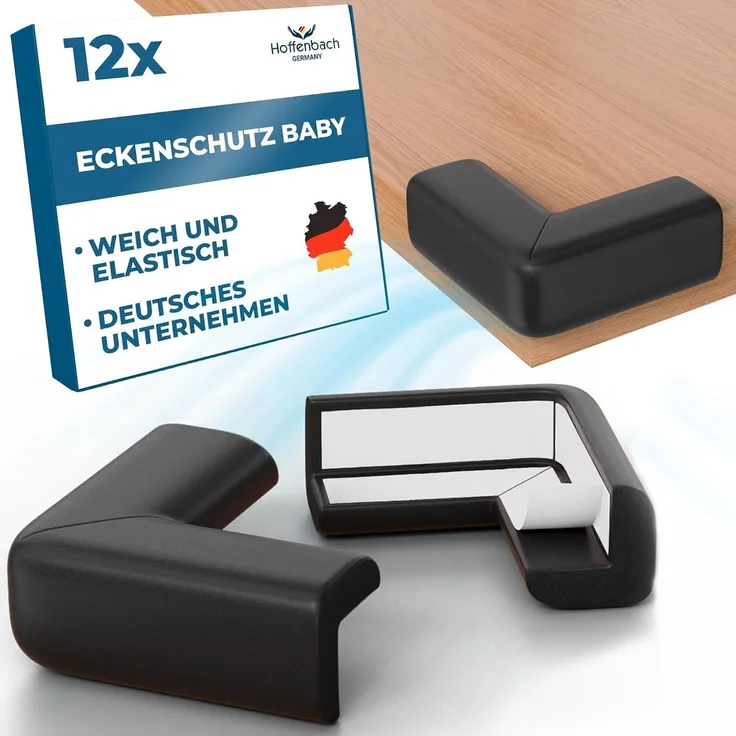 Eckenschutz Kantenschutz Baby 12x - Kindersicherung für Tisch selbstklebend – Stoßschutz für Baby und Kind -in Weiß/Schwarz/Braun- Original Hoffenbach Germany - 2 Jahre Garantie… (Schwarz)