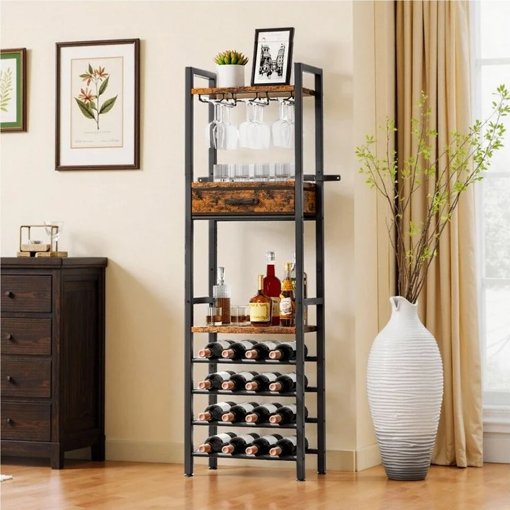 Yorbay Weinregal Vintage Design,Weinständer aus Holz& Metall für 16 Flaschen, 15 Gläser Weinregal mit Ablagefläche und Schublade, für Küche, Wohnzimmer oder als Geschenk – Bild 1