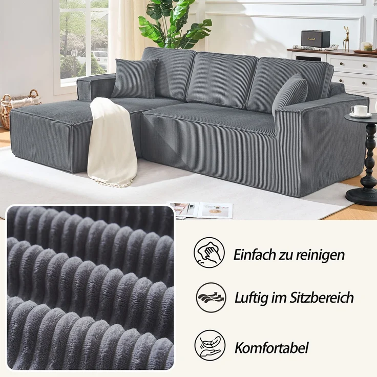 LVHOM L-Form Ecksofa mit Chaiselongue, 3-Sitzer Sofa mit 2 Kissen, Cloud Sofa aus Cordstoff, kein Aufbau erforderlich, Skandinavisches Design, Grau – Bild 3
