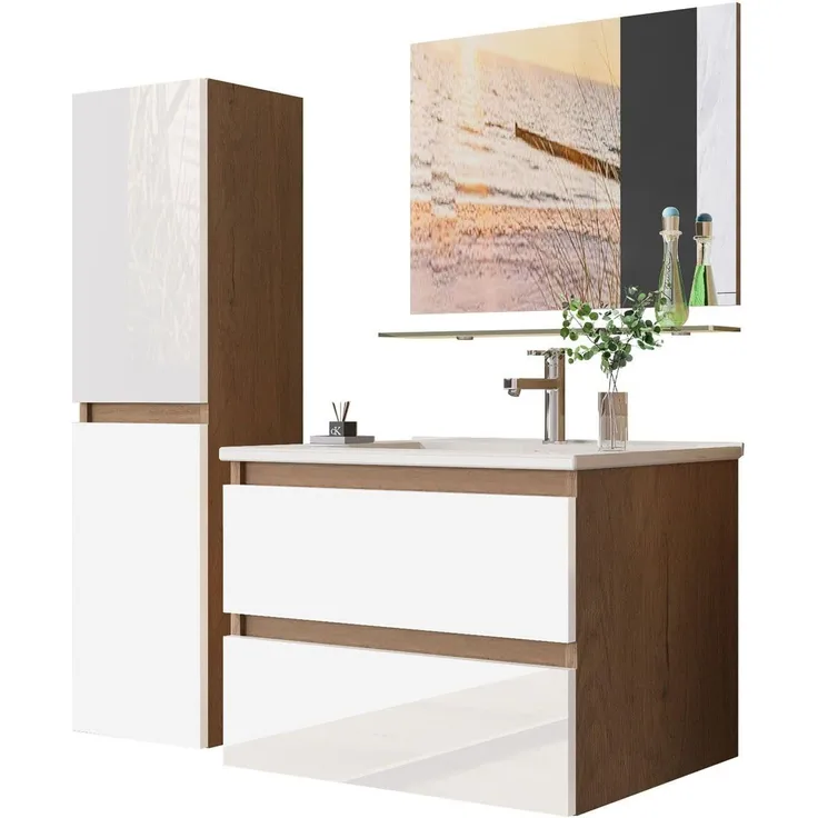Homeline Badmöbel Set Hochglanz 5 TLG Eiche/Weis Soft Close Badezimmer Möbel badmöbel (5)