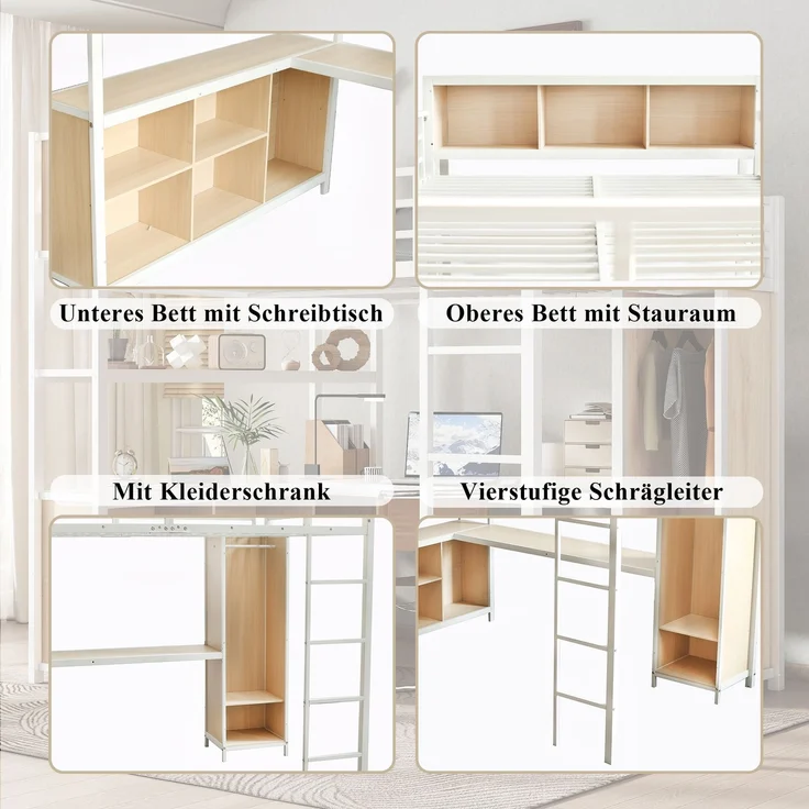 EINHOM Eisenbett, Hochbett, Doppelstöckiger Stauraum unter dem Schreibtisch, Oberes Bett mit Stauraum, Mit Kleiderschrank, Eisen + Spanplatte, Weiß+Natur, 140 x 200 cm (Ohne Matratze) – Bild 7