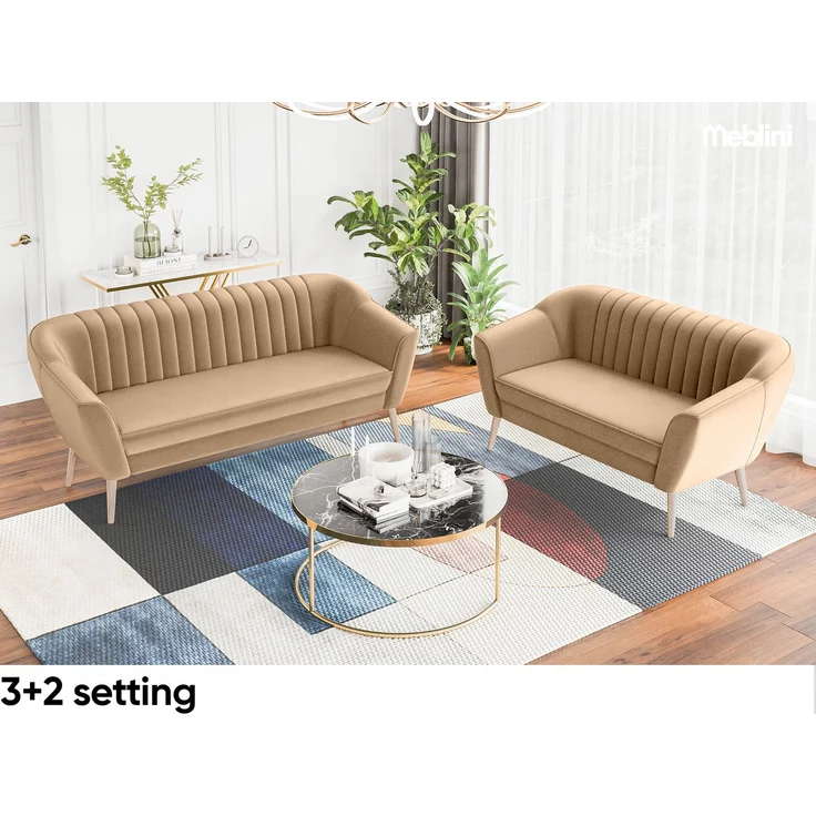 MEBLINI Sofa-Set KAIA 3+2+1 - Beige Samt - für Wohnzimmer - Mini Lounge für sechs Personen - Küchensofa - Sofa Klein - Sitzgarnitur - Polstergarnitur - Sofagarnituren – Bild 5