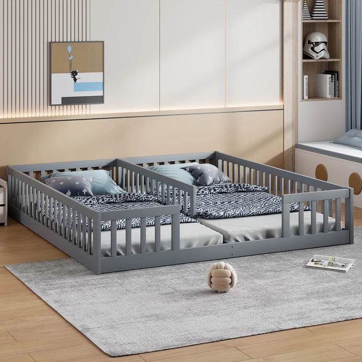 Doppelbett 90x200 cm aus Kiefernholz ,Kinderbett mit Sicherheitsgitter und Lattenrost, platzsparendes Familienbett,grau – Bild 3