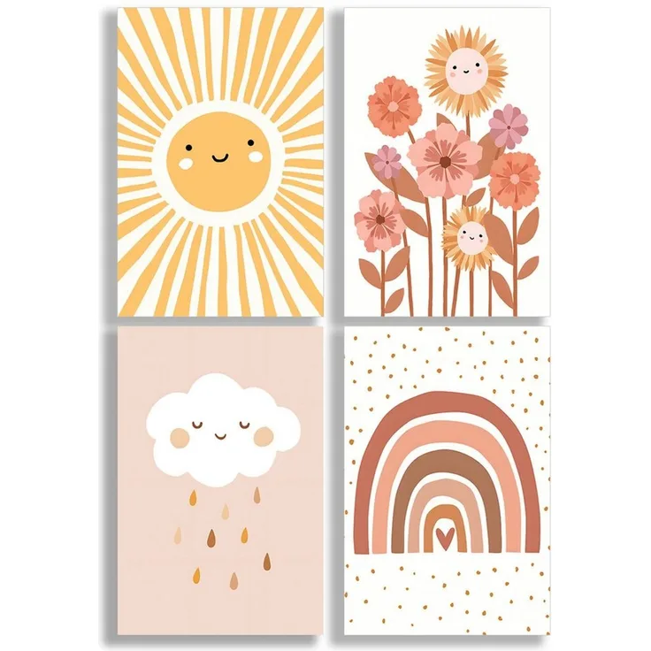 JUSTGOODMOOD Poster Premium ® Sonne Blumen Regenbogen Sonne Kinderzimmer, Wolke (1 St), verschiedene Größen verfügbar