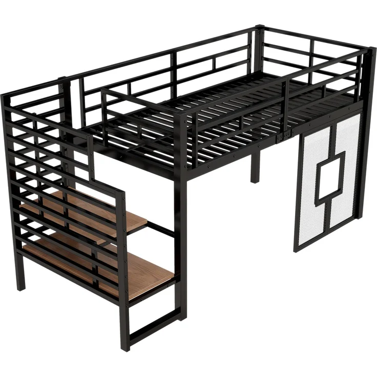 U-life Metall-Hochbett 90x200 cm mit Stauraumtreppe, LED-Beleuchtung und Fenster, Schwarz – Bild 9