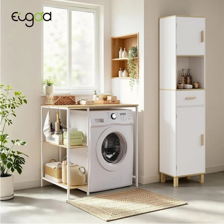 EUGAD Badregal, 1-tlg, Waschmaschinenregal mit Seitenregal und 2 Haken, 90 x 60 x 91 cm – Bild 2