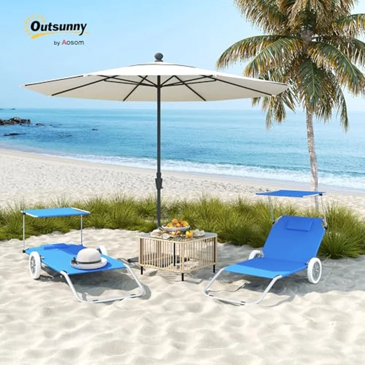 Outsunny 2er Set Sonnenliege, klappbare Gartenliege mit verstellbarem Kopfkissen und Sonnendach, blau, für Garten und Pool – Bild 2