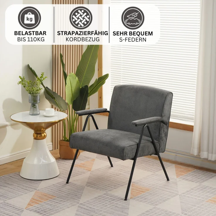 Albatros Designer Vintage Sessel Stanford, hochwertiger Cord Stoff Bezug in Grau, sehr bequeme S-Federn, Relaxsessel Loungesessel für Wohnzimmer, Schlafzimmer oder als Fernsehsessel – Bild 1