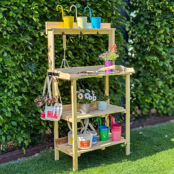 UNUS GARDEN Pflanztisch Mülleimer Bambus natur Papierkorb 3er Set (1-St, 78 x 36 x 131 cm (LxBxH), Pflanztisch aus Holz mit verzinkter Arbeitsplatte – Bild 2