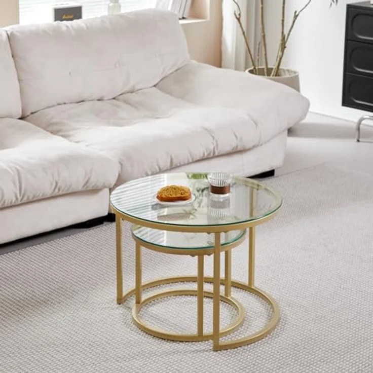 GrandCA HOME Couchtisch 2er Set,Stapelbarer Couchtisch, Couchtische Rund, Gehärtete Glasplatte, Vergoldete Metallbeine，Geeignet für Wohnzimmer, Esszimmer, Café（Ø60x45H cm，Ø40x35H cm） – Bild 4