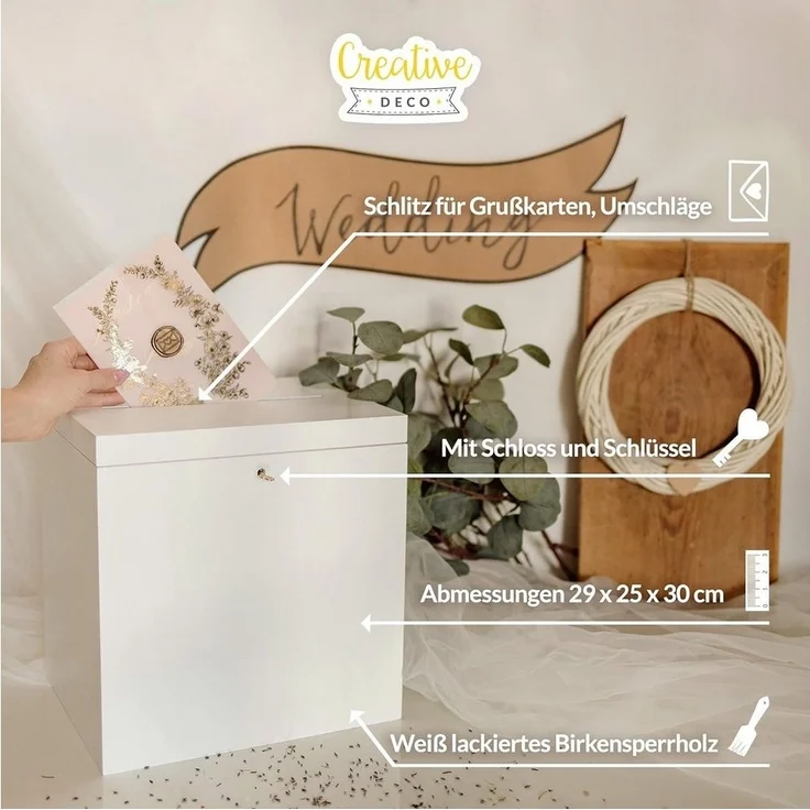 Creative Deco Dekokiste Kartenbox Hochzeit 29x25x30 cm Geschenkkarten Box Geldbox Briefbox, mit Deckel, Schloss und Schlüssel – Bild 3