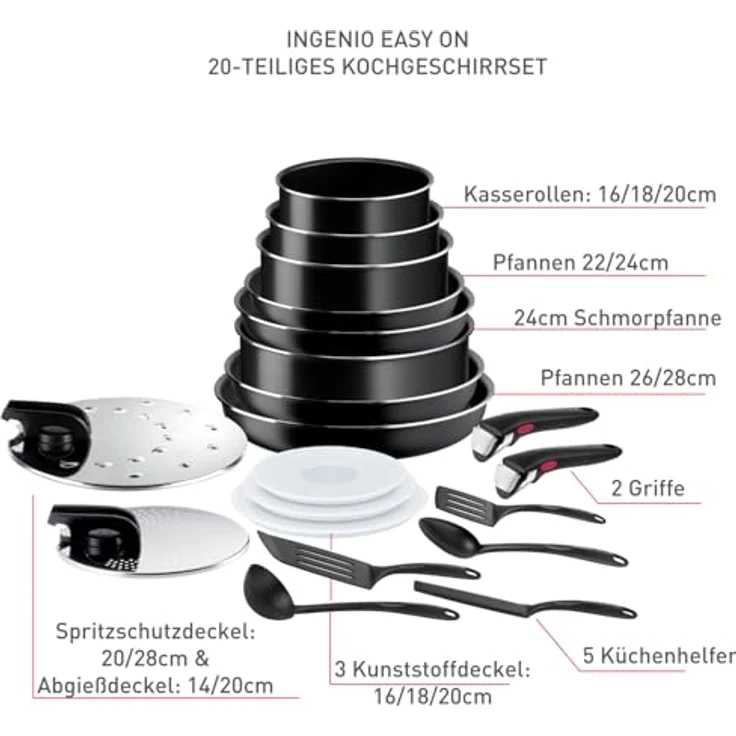 Tefal Ingenio Easy On 20-teiliges Topf und Pfannenset abnehmbarer Griff, stapelbar, platzsparend, Töpfe und Pfannen mit Antihaftversiegelung, einfache Handhabung und Reinigung, L15994 – Bild 3