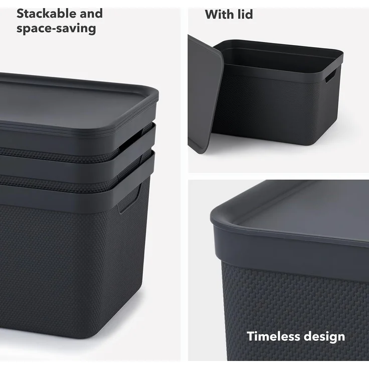 Jive Dekobox 3er- Set Aufbewahrungsbox 16l mit Deckel, Kunststoff (PP recycelt), dunkelgrau, 3x16l (37.5 x 27.8 x 29.8 cm), Anthrazit – Bild 6