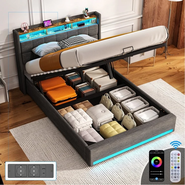 oyajia Polsterbett Doppelbett mit Stauraum gepolstertem Kopfteil (mit LED-Beleuchtung 90/140/160x200cm und hydraulischem Stauraum), Modernes Jugendbett, Leises Design Bett, Max. Belastbarkeit 365 kg – Bild 4