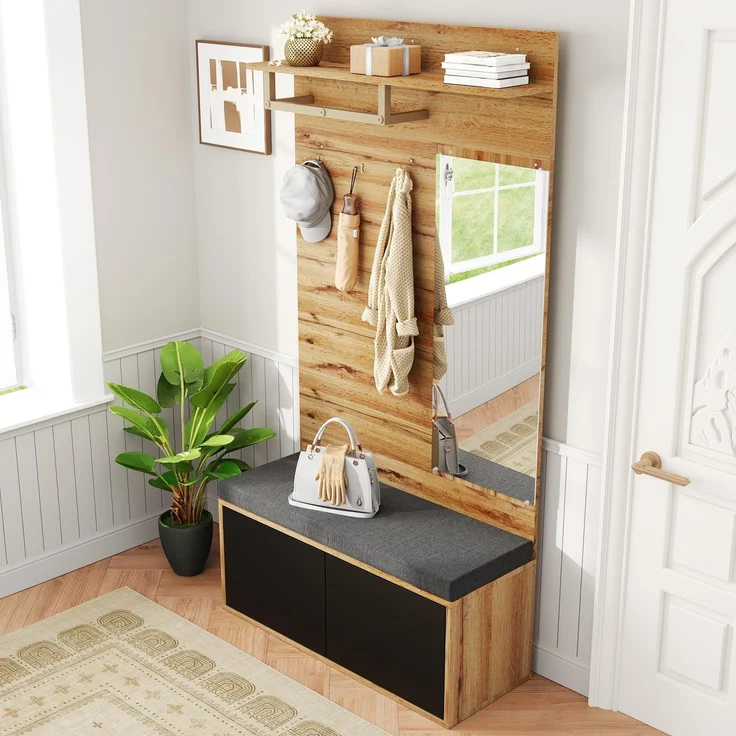 Kleiderschranksets, Kompaktkleiderschränke, Flurschränke mit Spiegeln und Kissen sowie Garderobenpaneele am Eingang.(Not a one-piece product, holes need to be drill on the wall)--Schwarz--100x38x190cm--YOUDENOVA – Bild 9