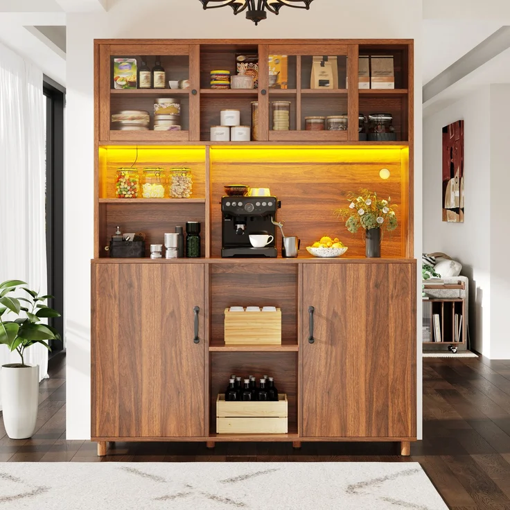 Hochschränke fürs Wohnzimmer(140×40×185cm), Küchenschrank,Esszimmerschrank,Schränke mit LED-Beleuchtung, Schranktür mit Snackablage,Retro-Stil, Walnussfarbe--Walnussbraun--140x40x185cm--YOUDENOVA – Bild 4