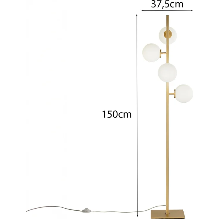 LED Stehlampe 4-flammig Gold mit Glaskugeln in Opalweiß, Höhe 150cm – Bild 4