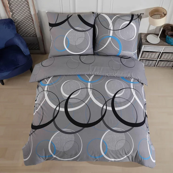 Buymax Bettwäsche Wave, Bettgarnitur, Bettbezug Set, Renforcé: 100% Baumwolle, 2 teilig, mit Reißverschluss, gemustert, Kreise, Grau, Türkis, 155x220 cm – Bild 3