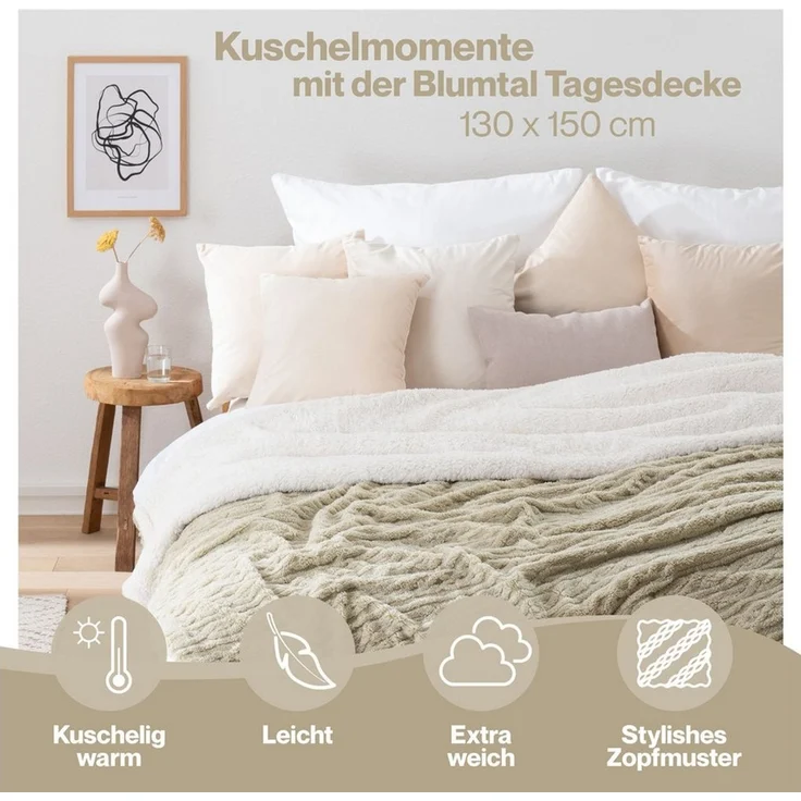 Blumtal Wohndecke, Oeko-TEX zertifiziert, waschbar, weiche Sherpa-Innenseite, Beige/Weiß, 150x200 cm – Bild 2