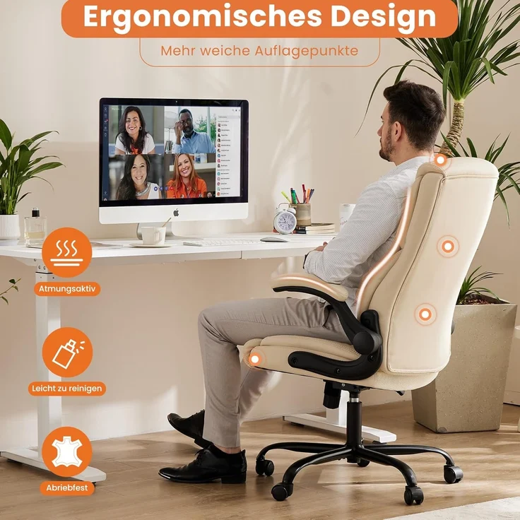 Sweetcrispy Chefsessel PU Leder Bürostuhl Ergonomisch, Schreibtischstuhl mit Hochklappbaren Armlehnen, Ergonomischer Computerstuhl mit Hoher Rückenlehne, Gaming PC Drehstuhl für Arbeit Ruhe, Weiß – Bild 6
