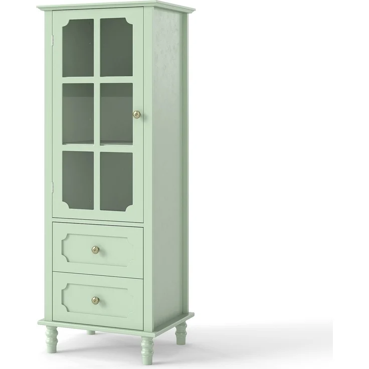 Vitrinenschrank 50x40x133 cm in Mintgrün mit Glastür und 2 Schubladen – Bild 6