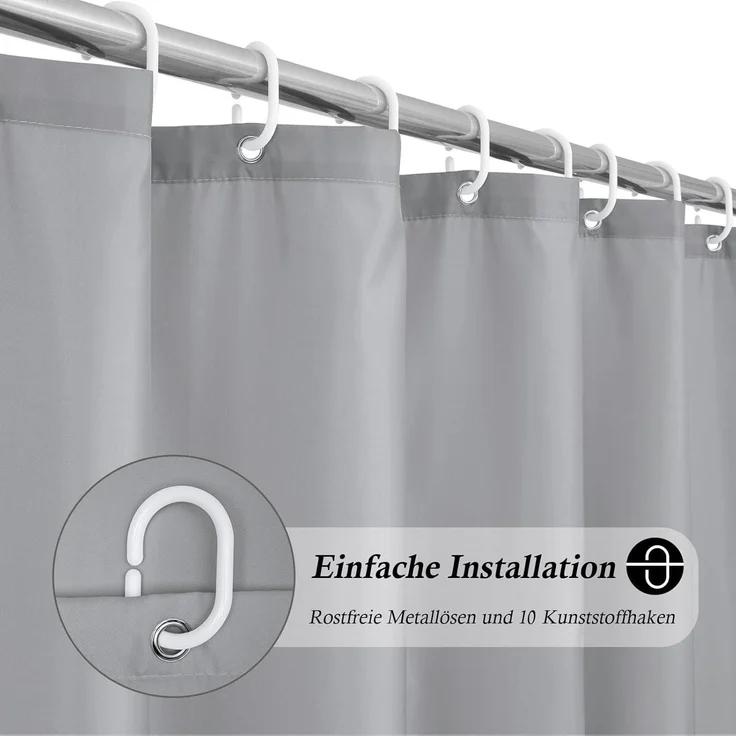 Duschvorhang 150x180cm Grau Textil Wasserabweisend Trocknend 10 Ringe – Bild 2