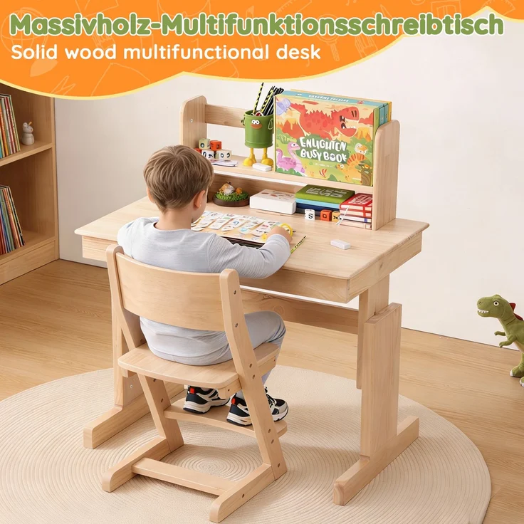 ZUBALIYA klappbare Tischplatte / Kindertisch, mit sicherheitszertifiziert und buchstütze, fürs Kinderzimmer, Massivholz, Samt, Natur – Bild 6