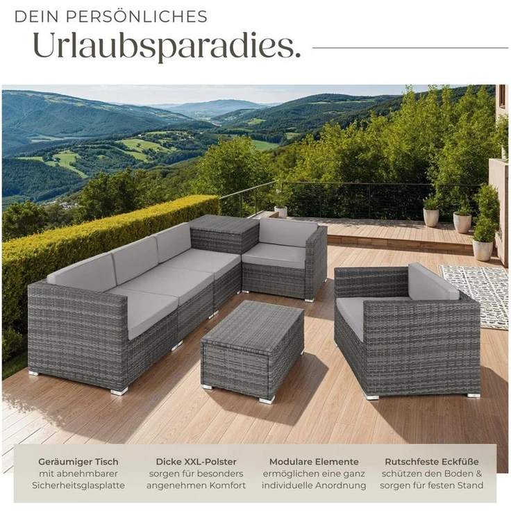 tectake Loungeset Rattan Sitzgruppe mit Sicherheitsglasplatte für 5 Personen, (Gartenlounge-set Pisa, 7-tlg, 7-tlg. in Grau), widerstandsfähig und UV-beständig, Dicke der Polster 8 cm – Bild 3