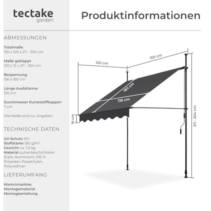 tectake® Klemmmarkise mit Handkurbel, Balkon Markise ohne Bohren, Markise höhenverstellbar, UV-beständig, wasserabweisend, Terrassenüberdachung, Sonnenschutz Terrasse & Balkon, 150 cm - schwarz/grau – Bild 7