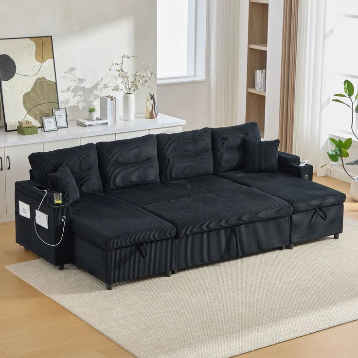 Flieks 4-Sitzer Schlafsofa aus Samt, mit beidseitigen Chaiselongues, Stauraum, Seitentasche, Getränkehaltern und USB-Anschlüssen, Schwarz – Bild 1