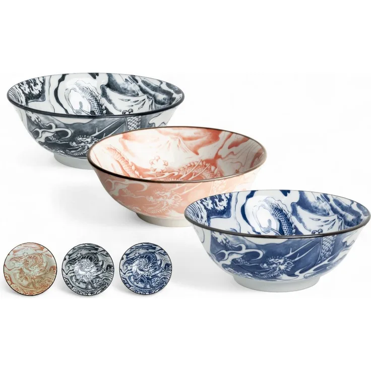 WestCraft Servierschüssel Japan-Bowls ASIATICA, Drachengott Edition, Porzellan-Schalen, 20,5 cm, Porzellan, Hochwertig, asiatische Ramen-, Reis-, Nudel-, Udon-, Suppen-Schüssel