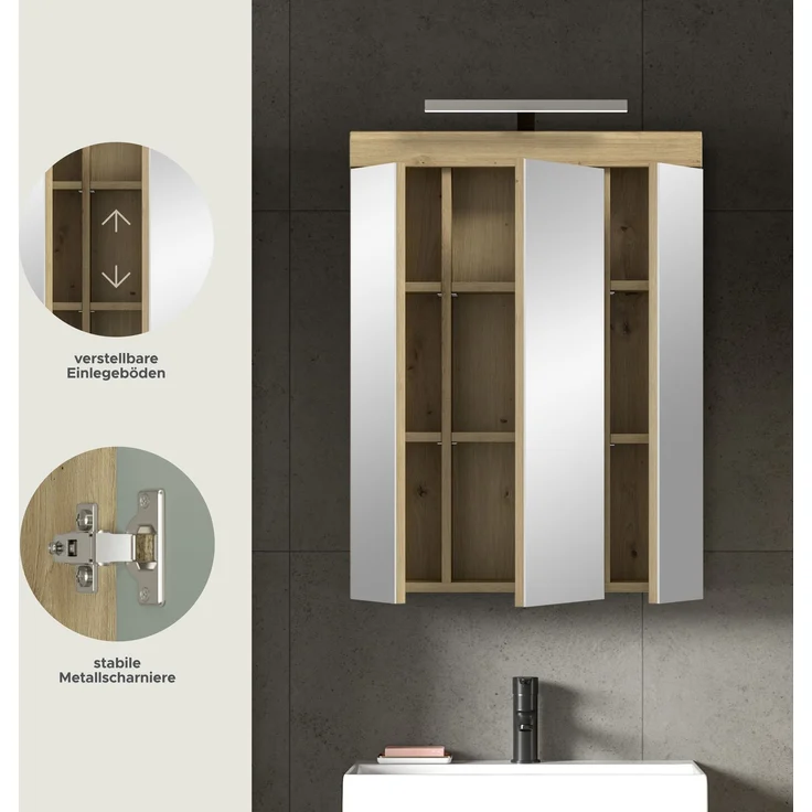 Xonox Scout Spiegelschrank inkl. Beleuchtung (B/H/T: 60x79x18 cm) in Salbei und Artisan Eiche Nachbildung – Bild 7