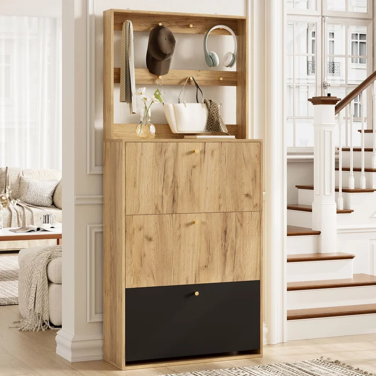 ZUBALIYA Schuhschrank (75 x 24 x 180 cm), Haken zur Aufbewahrung, Aus Spanplatte, Stauraum für Flur und Eingangsbereich, Schwarz / Naturfarben – Bild 9