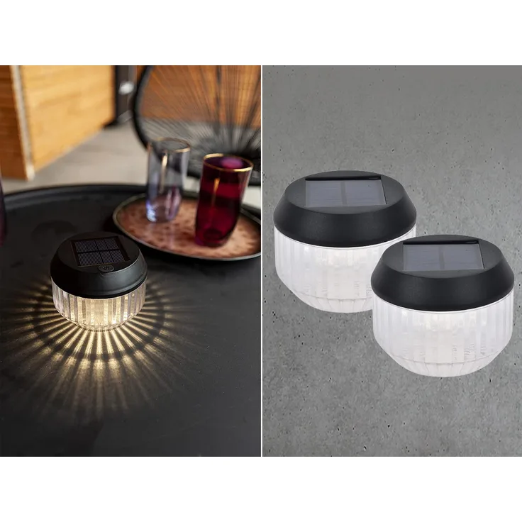 Kleine Solar Tischleuchte DIVA 2er SET geriffeltes Glas, Ø11cm Höhe 8cm