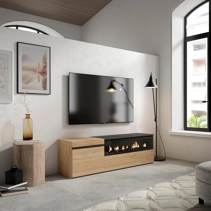 Skraut Home | TV-Schrank, Lowboard | für Wohnzimmer und Esszimmer | 150 x 45 x 35 cm | Für TV-Geräte bis zu 65" | Elektrokamin. Maße | Moderner Stil | Eiche Schwarz – Bild 2