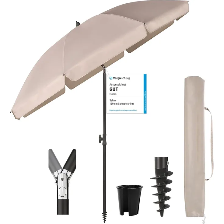 Sekey® 180 cm Sonnenschirm Balkon mit Bodenhülse & Schutzhülle, Neigungs- und Höhenverstellung, Sonnenschirm Strand für Balkon, Garten & Terrasse, Runder Sonnenschutz UPF 50+
