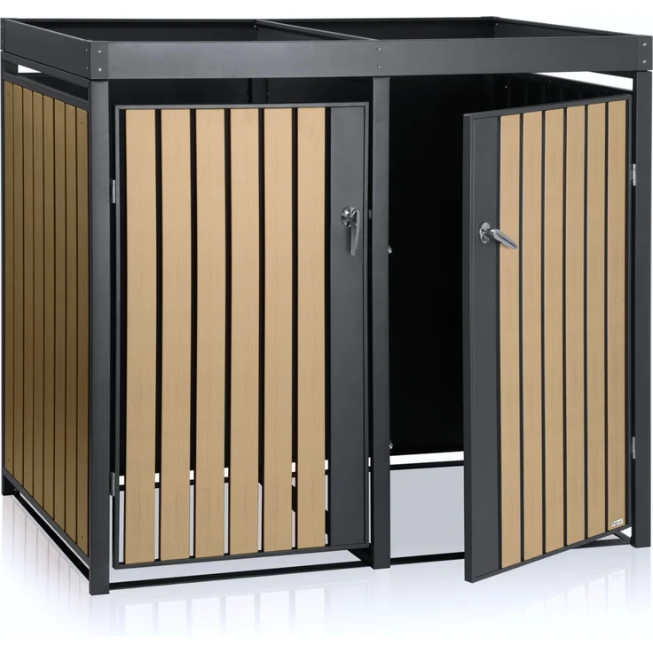 Zelsius Mülltonnenbox mit Pflanzdach für 4 Tonnen, 120 - 240 Liter, Verzinkter Stahl / Holzoptik RAL 7016, 264x80x124 cm – Bild 4
